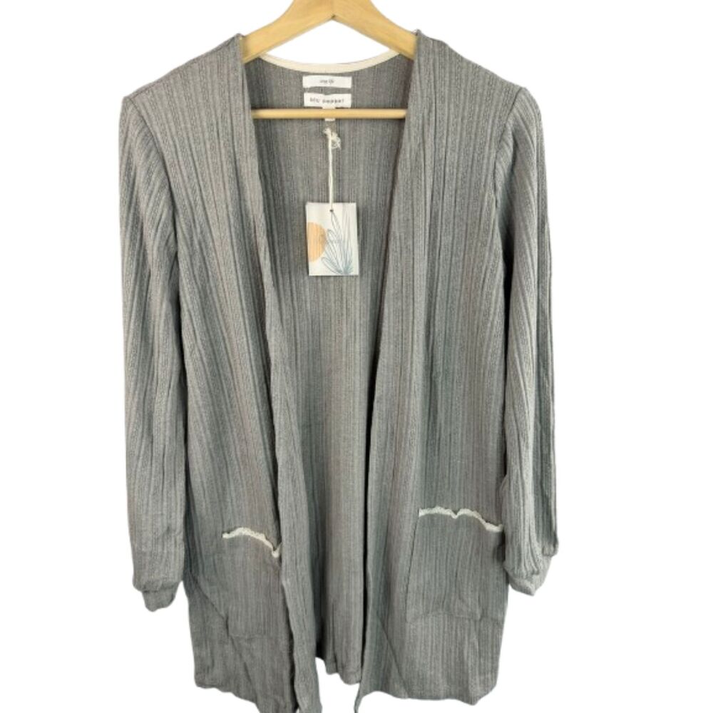 Blu Pepper Gray Ribbed Knit Open Front Cardigan Sweater Pockets Size S NWT